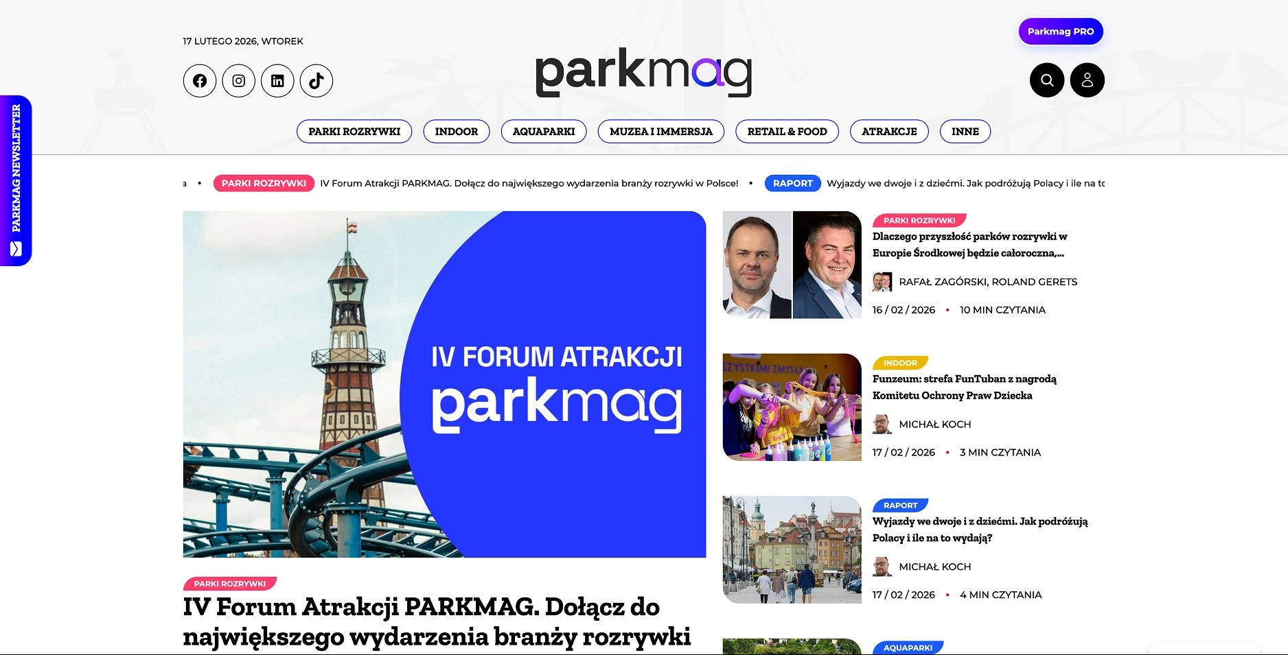Strona główna ParkMag z logo portalu, kategoriami i artykułami branży atrakcji - widok z okresu audytu