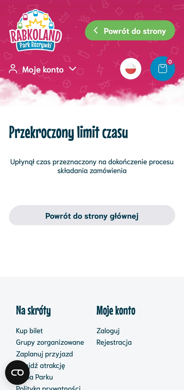 Mobilny ekran systemu biletowego: Przekroczony limit czasu, z przyciskiem powrotu do strony głównej